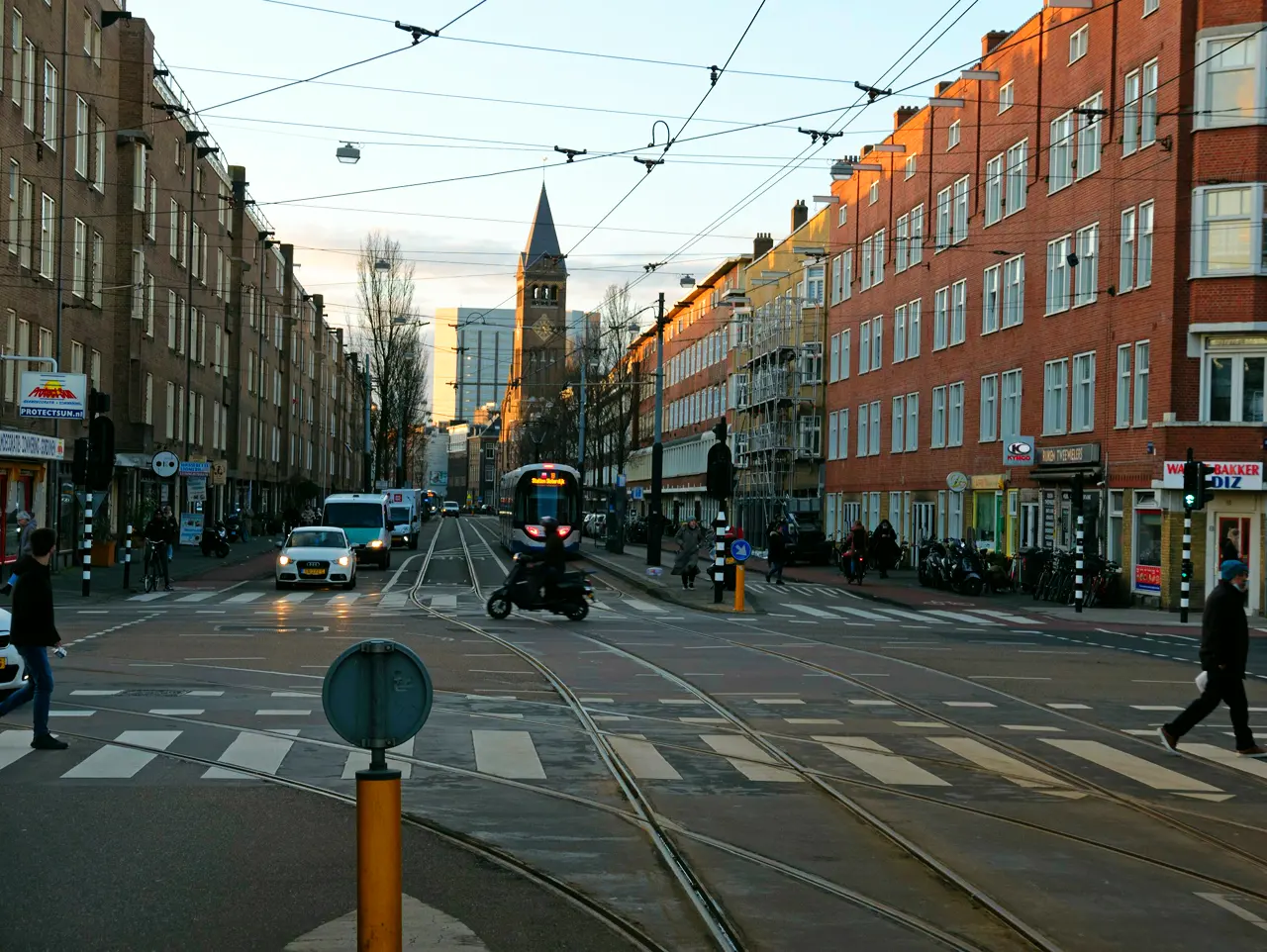 A crossroads with tram tracks