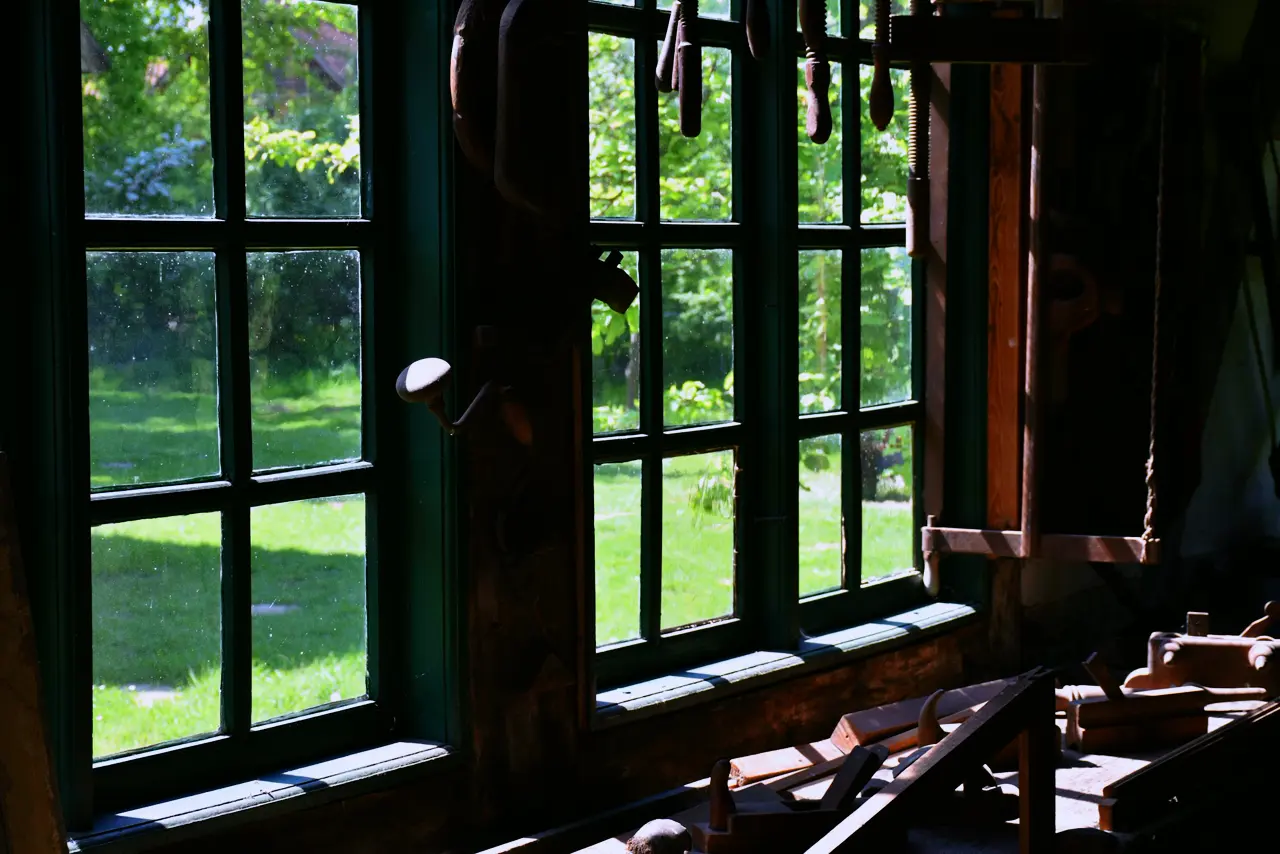Sun through the windows of an old workshop